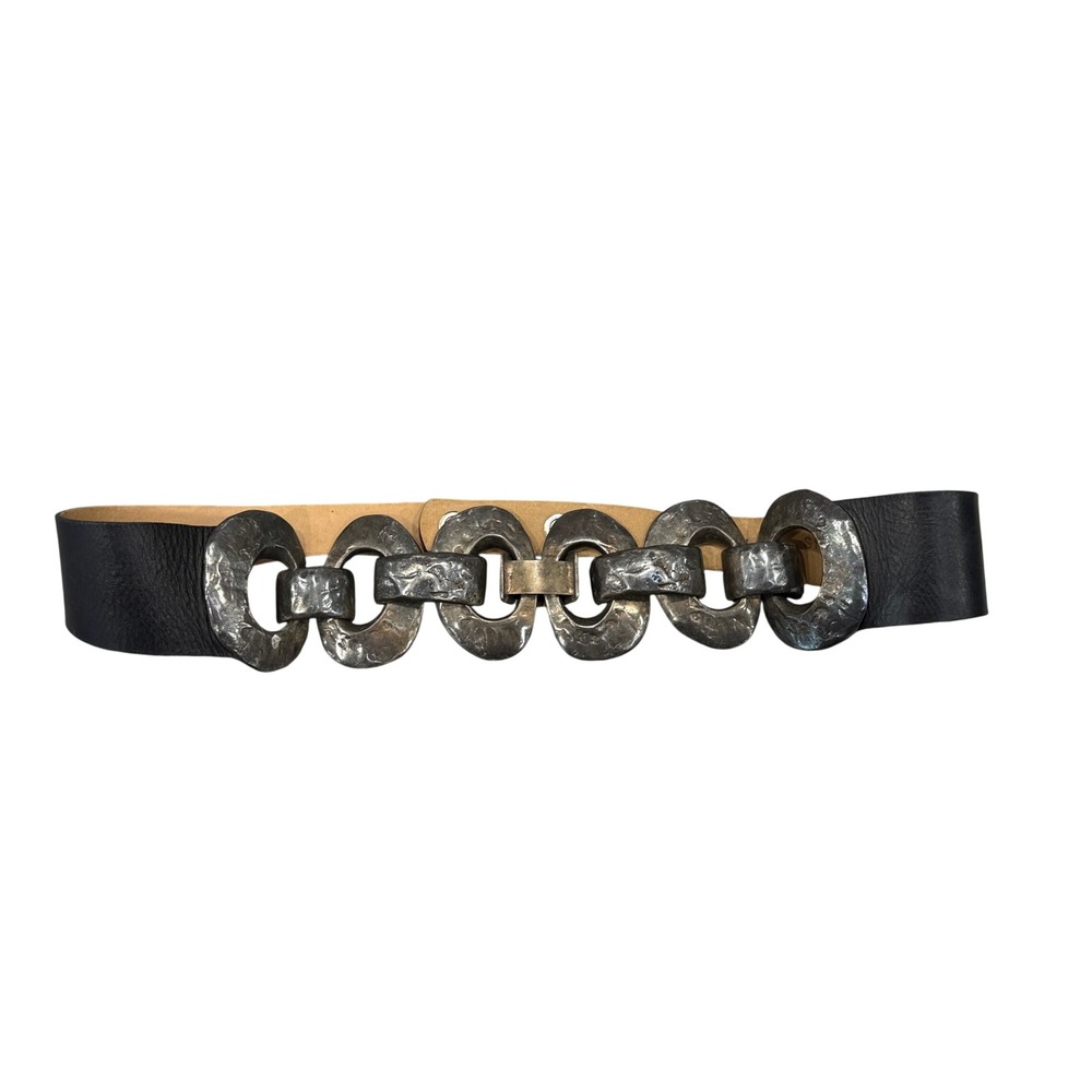 Streets Ahead Belt Womens Medium Black Leather Hammered Metal Chain Link USA